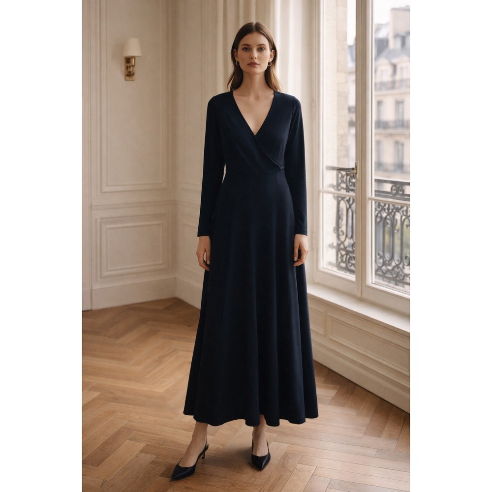Long Sleeve V-Neck Midi Dress - Navy